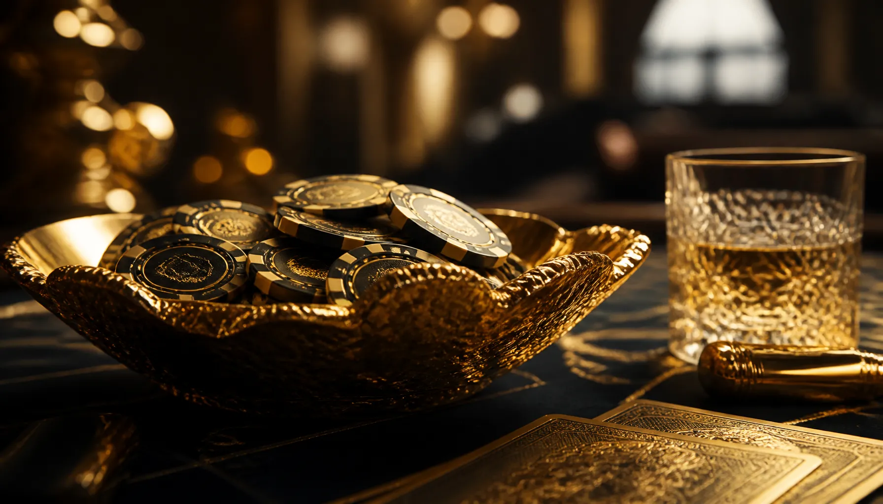 Gleaming gold casino chips beside a lush tropical banana leaf, warm cinematic lighting on a dark mahogany surface
