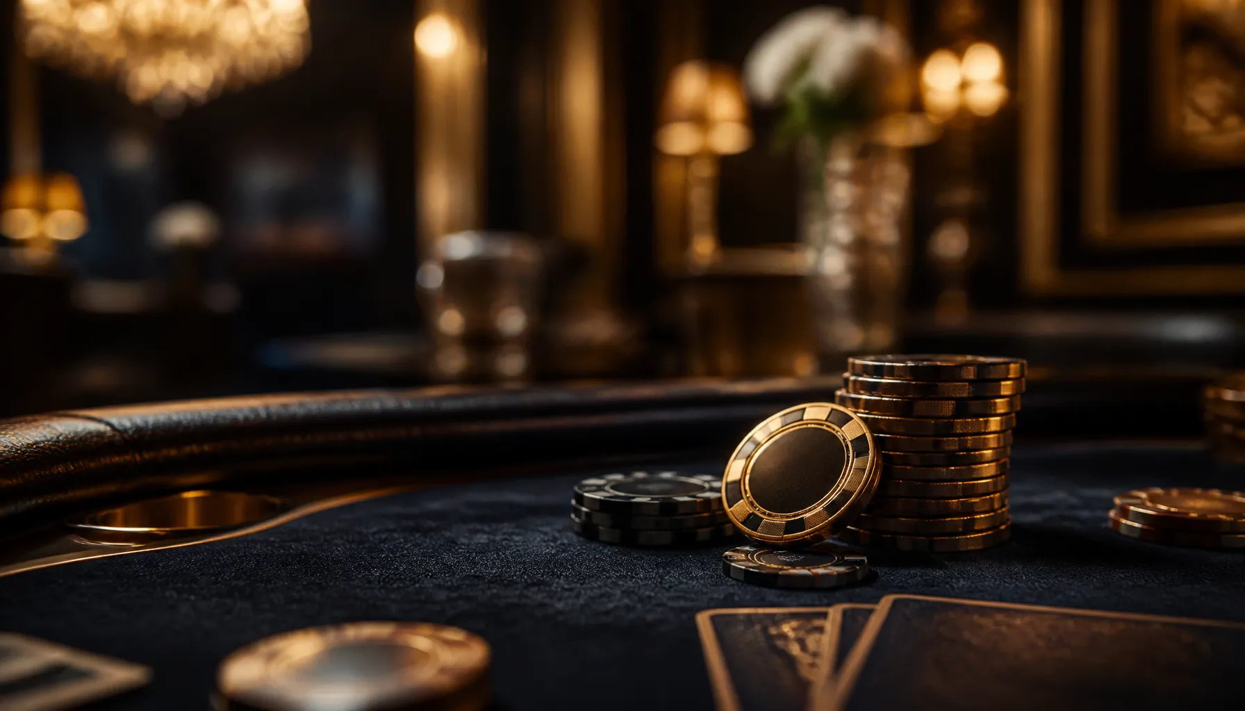 Gleaming gold casino chips beside a lush tropical banana leaf, warm cinematic lighting on a dark mahogany surface
